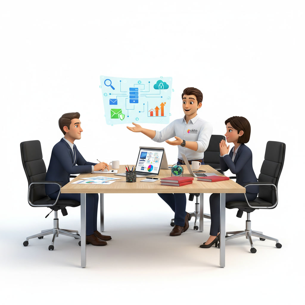 Équipe OKTO Solutions présente un plan d'audit de sécurité complet à un client