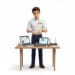 Technicien OKTO Solutions présentant une solution multiappareil : ordinateur portable, tablette et routeur sur un bureau
