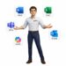 Technicien OKTO Solutions présentant les applications Microsoft 365 : Word, Excel, Teams, Outlook et Copilot